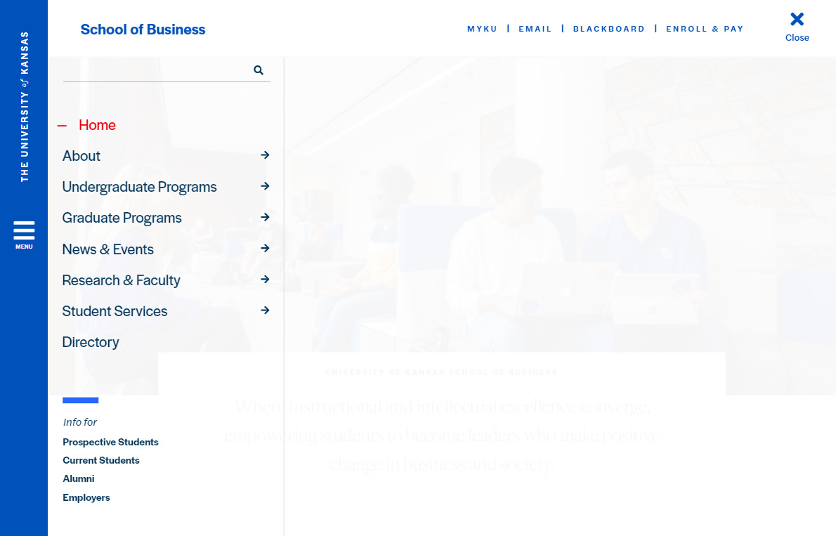Screenshot of the Sunflower CMS takeover navigation, desktop view of the menu from the homepage