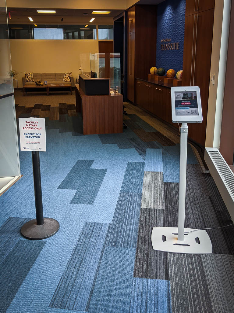 Video call kiosk overview, showing the approach to the kiosk station